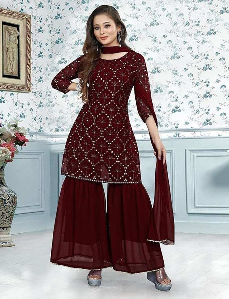 LUXURY GEORGETTE EMBROIDERY WORK TOP PALAZZO WITH DUPATTA DAILY WEAR WHOLESALE PRICE ETHNIC GARMENT (17)