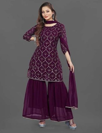 LUXURY GEORGETTE EMBROIDERY WORK TOP PALAZZO WITH DUPATTA WINE