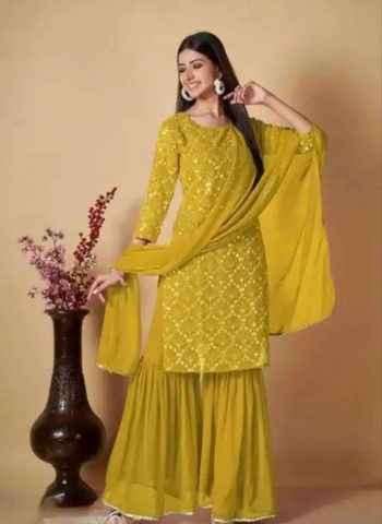 LUXURY GEORGETTE EMBROIDERY WORK TOP PALAZZO WITH DUPATTA YELLOW