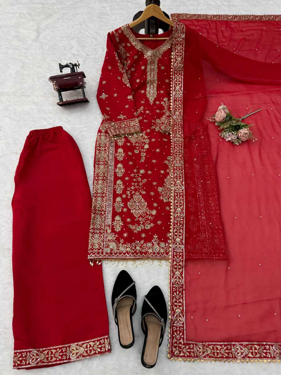 LUXURY ROMAN SILK THREAD WITH SEQUNCE WITH RIVET MOTI WORK TOP PALAZZO WITH DUPATTA WEDDING WEAR WHOLESALE PRICE ETHNIC GARMENT (10)