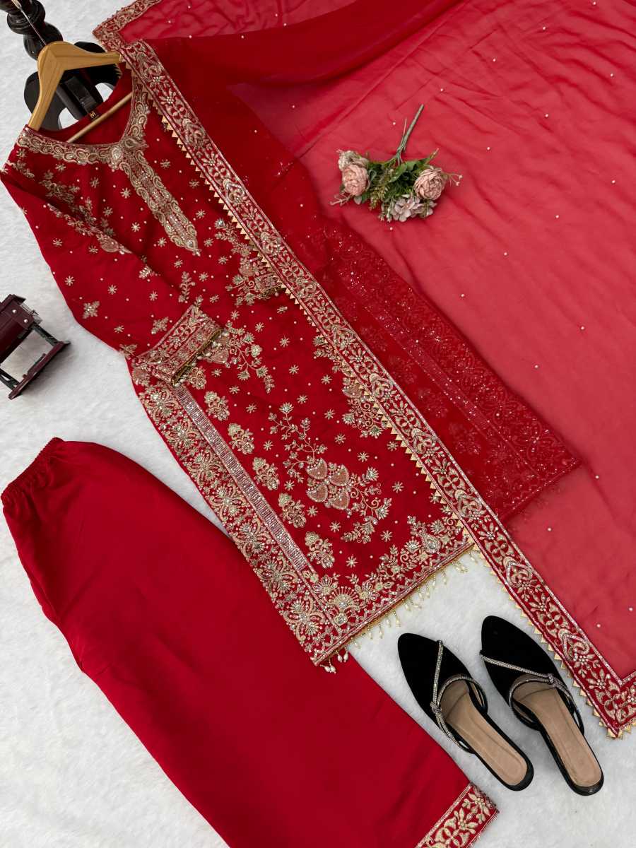 LUXURY ROMAN SILK THREAD WITH SEQUNCE WITH RIVET MOTI WORK TOP PALAZZO WITH DUPATTA WEDDING WEAR WHOLESALE PRICE ETHNIC GARMENT (11)