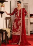 LUXURY ROMAN SILK THREAD WITH SEQUNCE WITH RIVET MOTI WORK TOP PALAZZO WITH DUPATTA RED