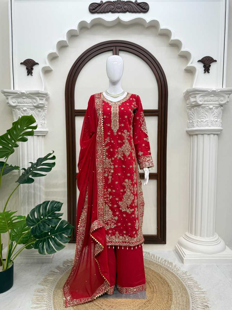 LUXURY ROMAN SILK THREAD WITH SEQUNCE WITH RIVET MOTI WORK TOP PALAZZO WITH DUPATTA WEDDING WEAR WHOLESALE PRICE ETHNIC GARMENT (7)