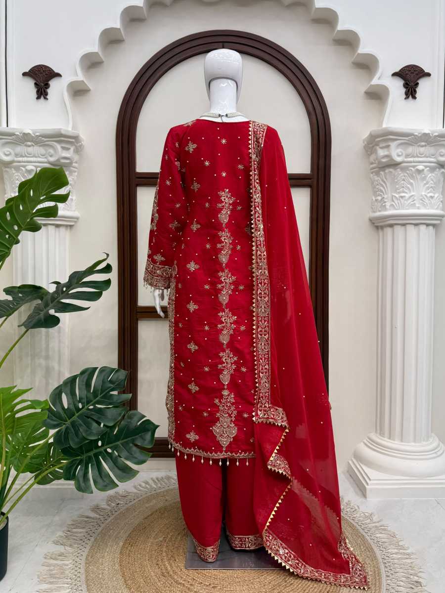 LUXURY ROMAN SILK THREAD WITH SEQUNCE WITH RIVET MOTI WORK TOP PALAZZO WITH DUPATTA WEDDING WEAR WHOLESALE PRICE ETHNIC GARMENT (9)