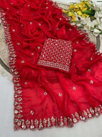 LUXURY SPACE SILK BEADS WORK SAREE WITH UNSTITCHED BLOUSE RANI
