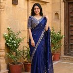 LUXURY SPACE SILK BEADS WORK  SAREE WITH UNSTITCHED BLOUSE BLUE