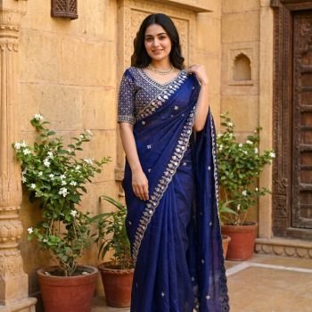 LUXURY SPACE SILK BEADS WORK SAREE WITH UNSTITCHED BLOUSE BLUE