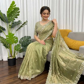 LUXURY SPACE SILK BEADS WORK SAREE WITH UNSTITCHED BLOUSE PARROT GREEN