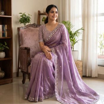 LUXURY SPACE SILK BEADS WORK SAREE WITH UNSTITCHED BLOUSE PURPLE