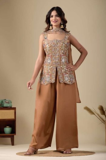 LUXURY VISCOSE CHINON SEQUENCE COADING EMBROIDERY WORK TOP PALAZZO WITH DUPATTA CHIKU