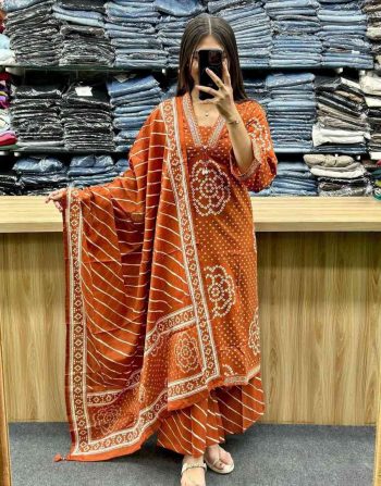 MODERN COTTON BANDHEJ PROCIN PRINTED WORK TOP BOTTOM WITH DUPATTA  ORANGE