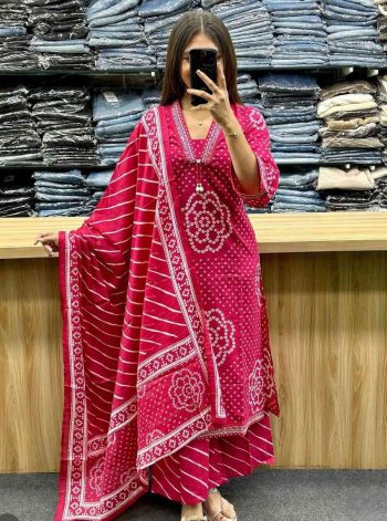 MODERN COTTON BANDHEJ PROCIN PRINTED WORK TOP BOTTOM WITH DUPATTA PINK
