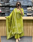 MODERN COTTON BANDHEJ PROCIN PRINTED WORK TOP BOTTOM WITH DUPATTA PARROT GREEN
