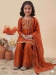 MODERN CRUNCHY SILK EMBROIDERY  WORK KID'S  TOP PALAZZO WITH DUPATTA ORANGE