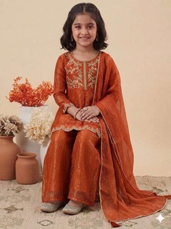 MODERN CRUNCHY SILK EMBROIDERY  WORK KID'S  TOP PALAZZO WITH DUPATTA ORANGE