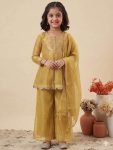 MODERN CRUNCHY SILK EMBROIDERY  WORK KID'S  TOP PALAZZO WITH DUPATTA YELLOW