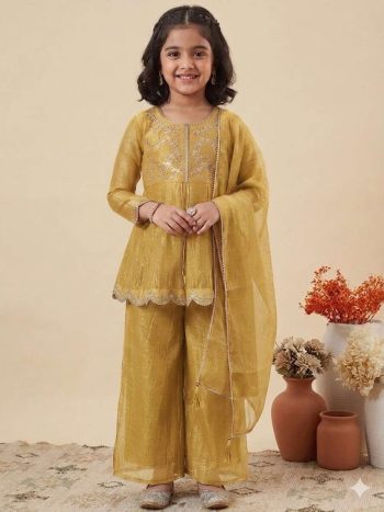 MODERN CRUNCHY SILK EMBROIDERY  WORK KID'S  TOP PALAZZO WITH DUPATTA YELLOW