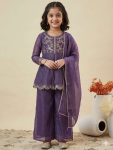MODERN CRUNCHY SILK EMBROIDERY  WORK KID'S  TOP PALAZZO WITH DUPATTA LAVENDER