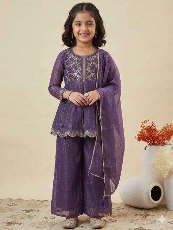 MODERN CRUNCHY SILK EMBROIDERY  WORK KID'S  TOP PALAZZO WITH DUPATTA LAVENDER