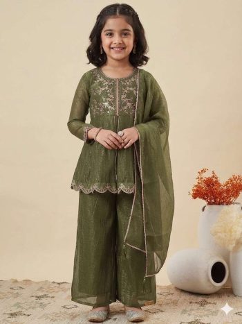 MODERN CRUNCHY SILK EMBROIDERY  WORK KID'S  TOP PALAZZO WITH DUPATTA GREEN