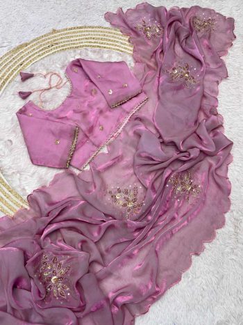 MODERN FANDY SATTIN KHATLI CUT DENA HANDWORK SAREE WITH STITCHED BLOUSE WINE