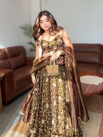 MODERN FANDY SILK  EMBROIDERY SEQUENCE LEHENGA CHOLI WITH DUPATTA MEHNDI
