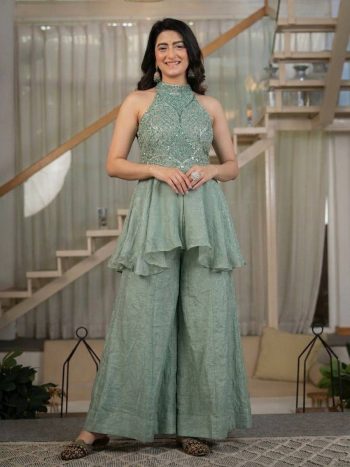 MODERN FENDY CRUSH BEADS HAND WORK AND MOTI WORK TOP WITH PALAZZO SET MINT