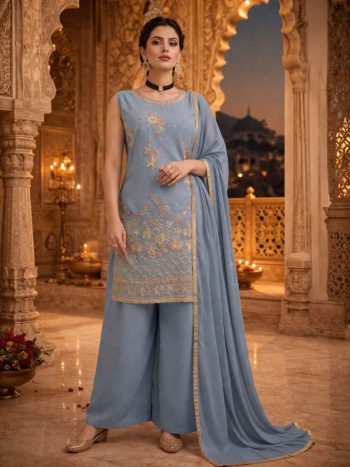 MODERN GEORGETTE EMBROIDERY SEQUENCE WORK TOP PALAZZO WITH DUPATTA GREY