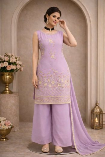 MODERN GEORGETTE EMBROIDERY SEQUENCE WORK TOP PALAZZO WITH DUPATTA LAVENDER