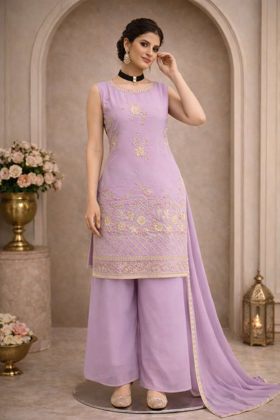 MODERN FOX GEORGETTE EMBROIDERY SEQUENCE WORK TOP PALAZZO WITH DUPATTA FESTIVAL WEAR WHOLESALE PRICE ETHNIC GARMENT (4)