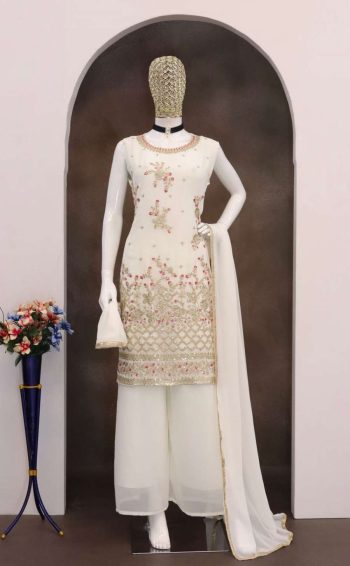 MODERN GEORGETTE EMBROIDERY SEQUENCE WORK TOP PALAZZO WITH DUPATTA WHITE