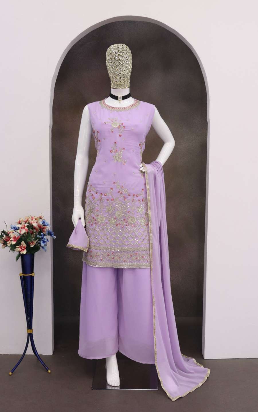 MODERN FOX GEORGETTE EMBROIDERY SEQUENCE WORK TOP PALAZZO WITH DUPATTA FESTIVAL WEAR WHOLESALE PRICE ETHNIC GARMENT (8)
