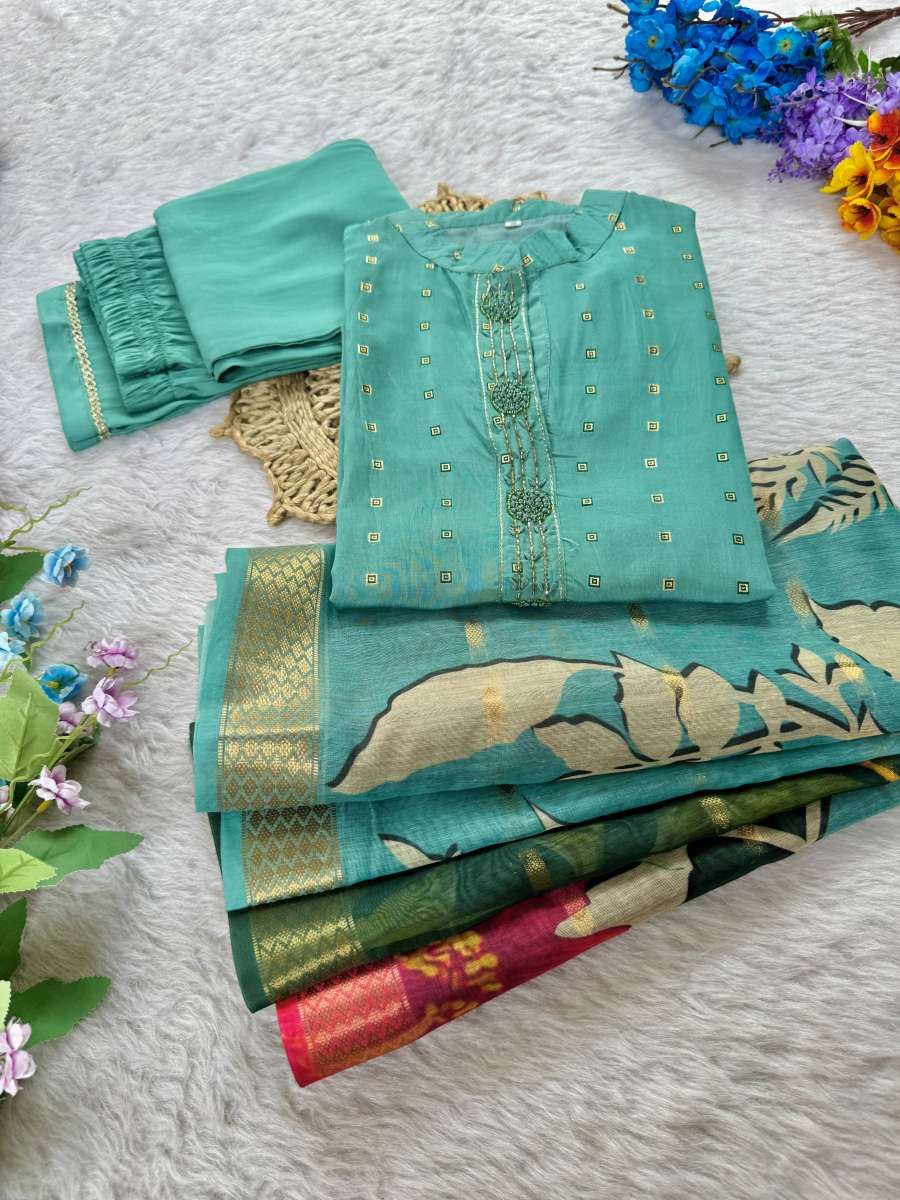 MODERN JACQUARD COTTON SOFT CHANDERI HANDWORK THREAD WORK TOP BOTTOM WITH DUPATTA DAILY WEAR WHOLESALE PRICE ETHNIC GARMENT (1)