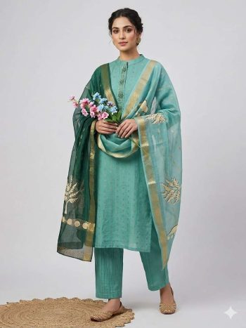 MODERN JACQUARD COTTON SOFT CHANDERI HANDWORK THREAD WORK TOP BOTTOM WITH DUPATTA