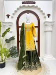 MODERN NATURAL CREPE THREAD & SEQUENCE WORK TOP PALAZZO WITH DUPATTA YELLOW AND MEHNDI