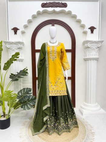 MODERN NATURAL CREPE THREAD & SEQUENCE WORK TOP PALAZZO WITH DUPATTA YELLOW AND MEHNDI