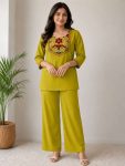 MODERN RAYON SLUB EMBROIDERY WORK CO-ORD SET PERROT GREEN