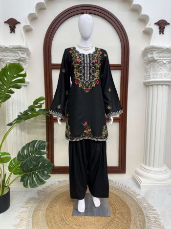 MODERN RAYON THREAD WORK CO-ORD SET BLACK