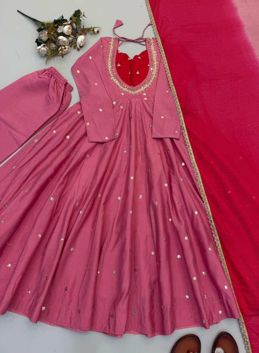 MODERN ROMAN SILK EMBROIDERY SEQUENCE WITH REAL MIRROR WORK GOWN BOTTOM WITH DUPATTA CASUAL WEAR WHOLESALE PRICE ETHNIC GARMENT (23)