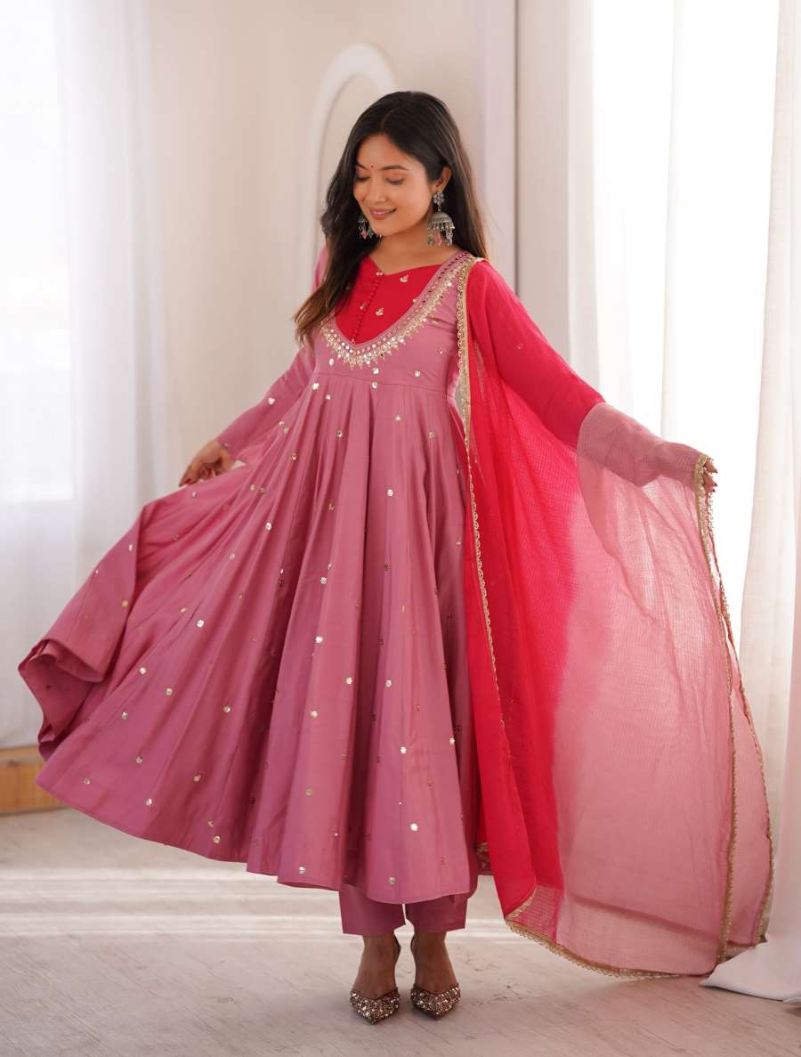 MODERN ROMAN SILK EMBROIDERY SEQUENCE WITH REAL MIRROR WORK GOWN BOTTOM WITH DUPATTA CASUAL WEAR WHOLESALE PRICE ETHNIC GARMENT (3)