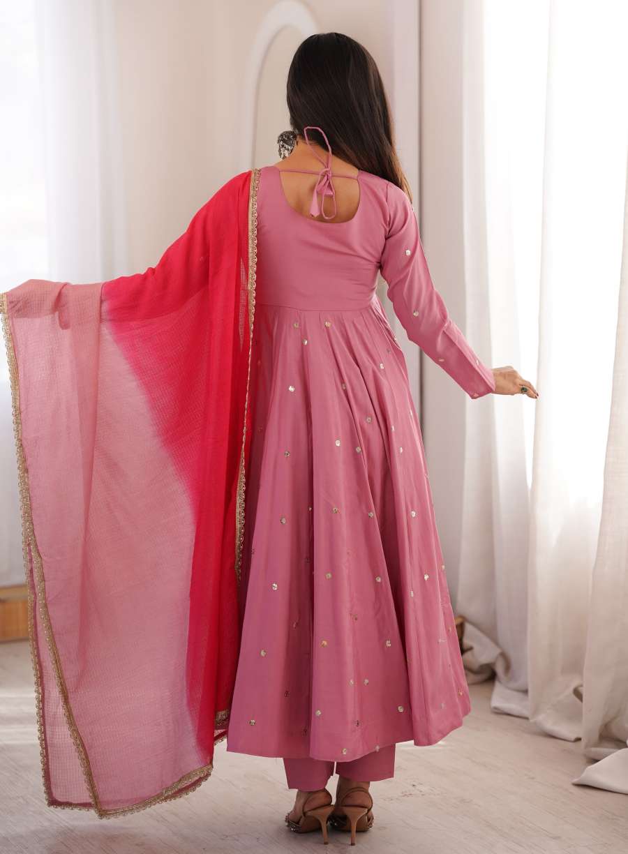 MODERN ROMAN SILK EMBROIDERY SEQUENCE WITH REAL MIRROR WORK GOWN BOTTOM WITH DUPATTA CASUAL WEAR WHOLESALE PRICE ETHNIC GARMENT (9)
