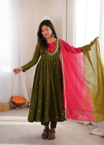 MODERN ROMAN SILK EMBROIDERY SEQUENCE WITH REAL MIRROR WORK GOWN BOTTOM WITH DUPATTA MEHNDI