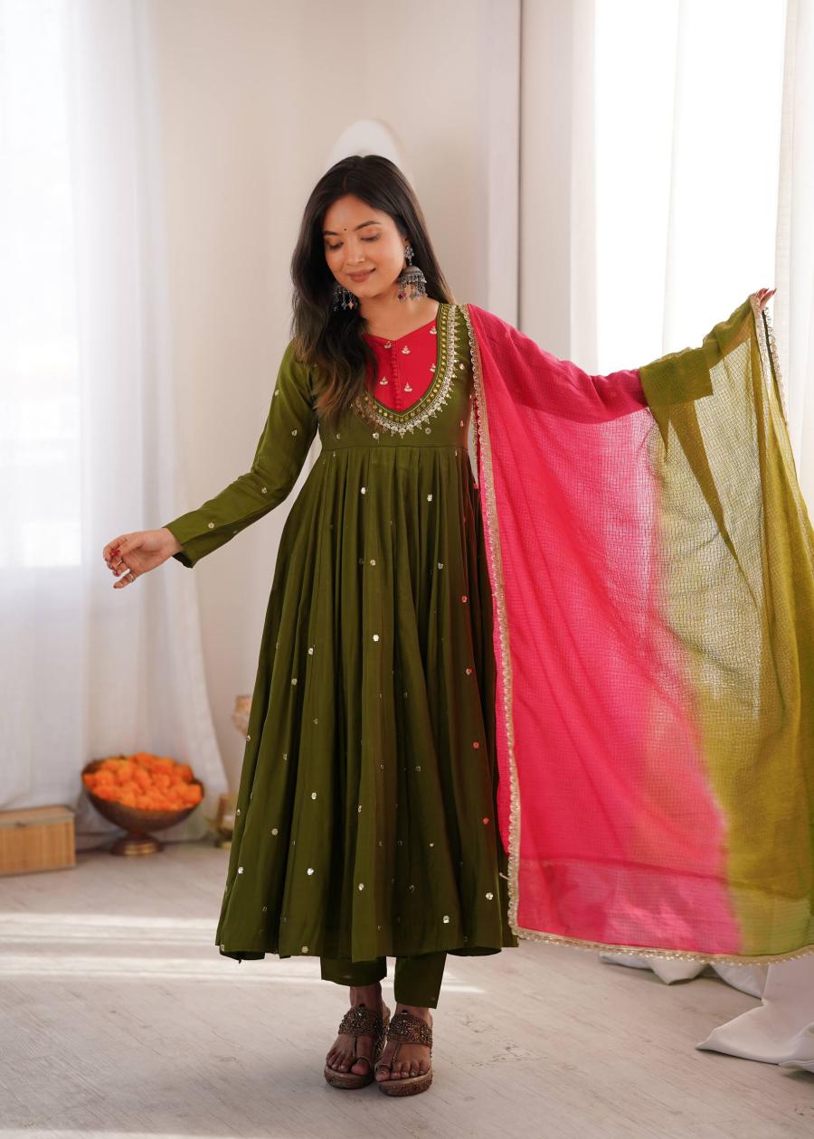 MODERN ROMAN SILK EMBROIDERY SEQUENCE WITH REAL MIRROR WORK GOWN BOTTOM WITH DUPATTA WEDDING WEAR WHOLESALE PRICE ETHNIC GARMENT (7)