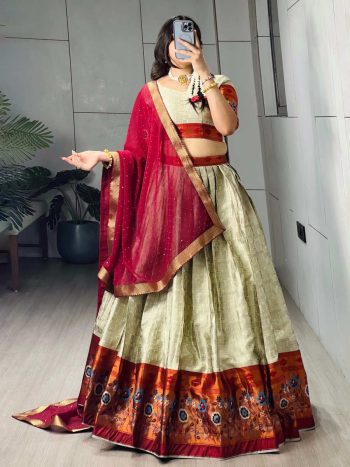 MODERN SILK ZARI WEAVING AND KALAMKARI WEAVING LEHENGA CHOLI WITH DUPATTA CREAM RED