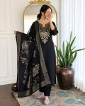 MODERN SLUB COTTON EMBROIDERY WORK TOP BOTTOM WITH DUPATTA BLACK