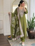 MODERN SLUB COTTON EMBROIDERY WORK TOP BOTTOM WITH DUPATTA MEHNDI