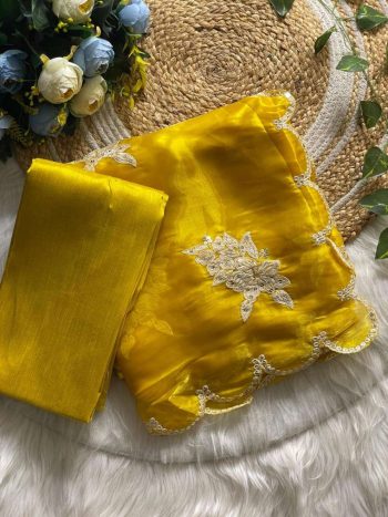 MODERN SOFT ZIMMY CHOO SILK EMBROIDERY SEQUENCES AND THREAD WORK SAREE WITH UNSTITCHED BLOUSE YELLOW