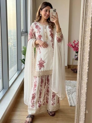 MODERN STAR GEORGETTE EMBROIDERY SEQUENCE WORK TOP PALAZZO WITH DUPATTA WHITE AND RED