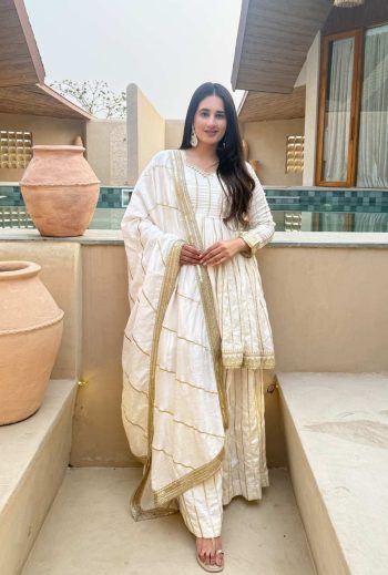 MODERN VICHITRA SILK EMBROIDERY SEQUENCE WORK TOP SHARARA WITH DUPATTA WHITE