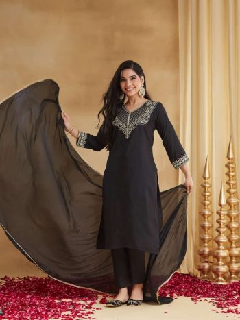 MODERN VISCOSE RAYON SLUB SEQUENCE CODING EMBROIDERY WORK TOP BOTTOM WITH DUPATTA BLACK